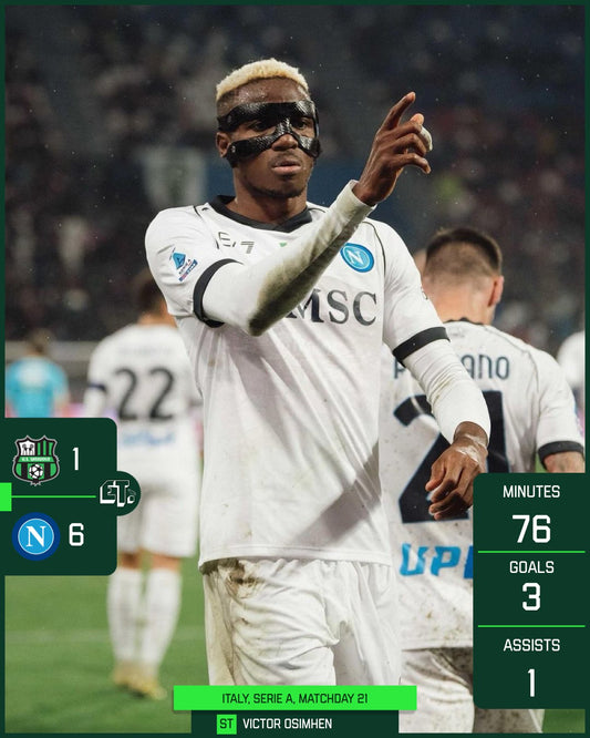 Serie A: Osimhen equals Maradona's feat in Sassuolo demolition job